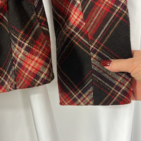 Plaid belted tweed large button peplum hem lined jacket Sz S/M Red/Brwn - Picture 9 of 14